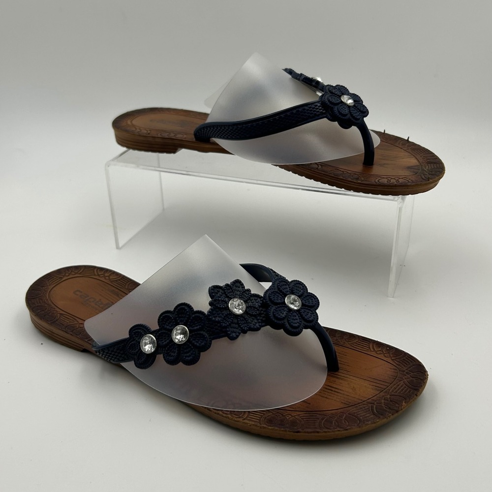 Capelli New York Flip Flops Womens 8 Navy Blue Floral Rhinestone Wood Grain Boho